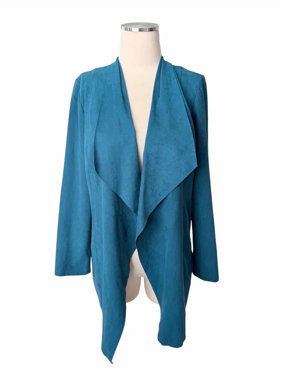 CHICOβS Teal Open-Front Faux Leather Draped Long Jacket Sz S/M (Chicos 0)